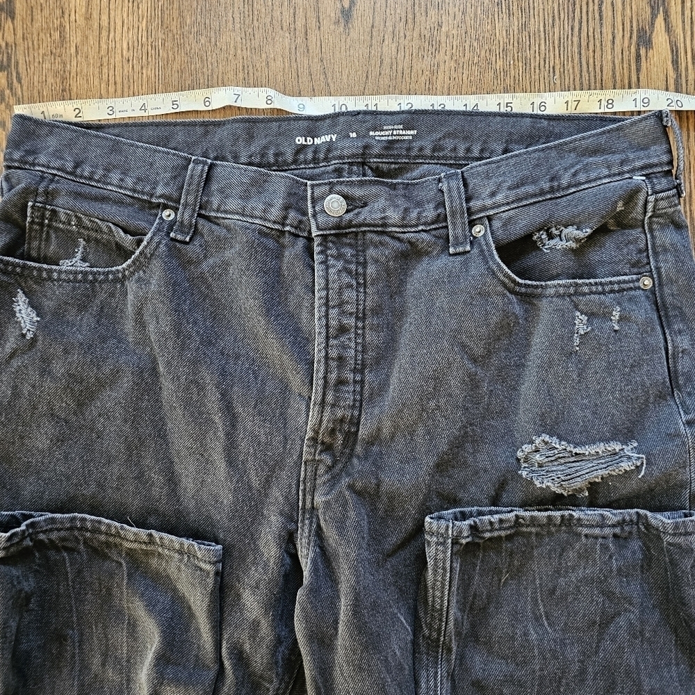 Old Navy High Rise Slouchy Straight Black Distressed Buttonfly Jeans Size 16 - Picture 6 of 12